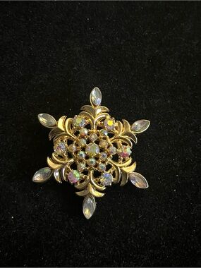 Gold-Tone Aurora Borealis Crystal Snowflake Brooch - Women Jewelry